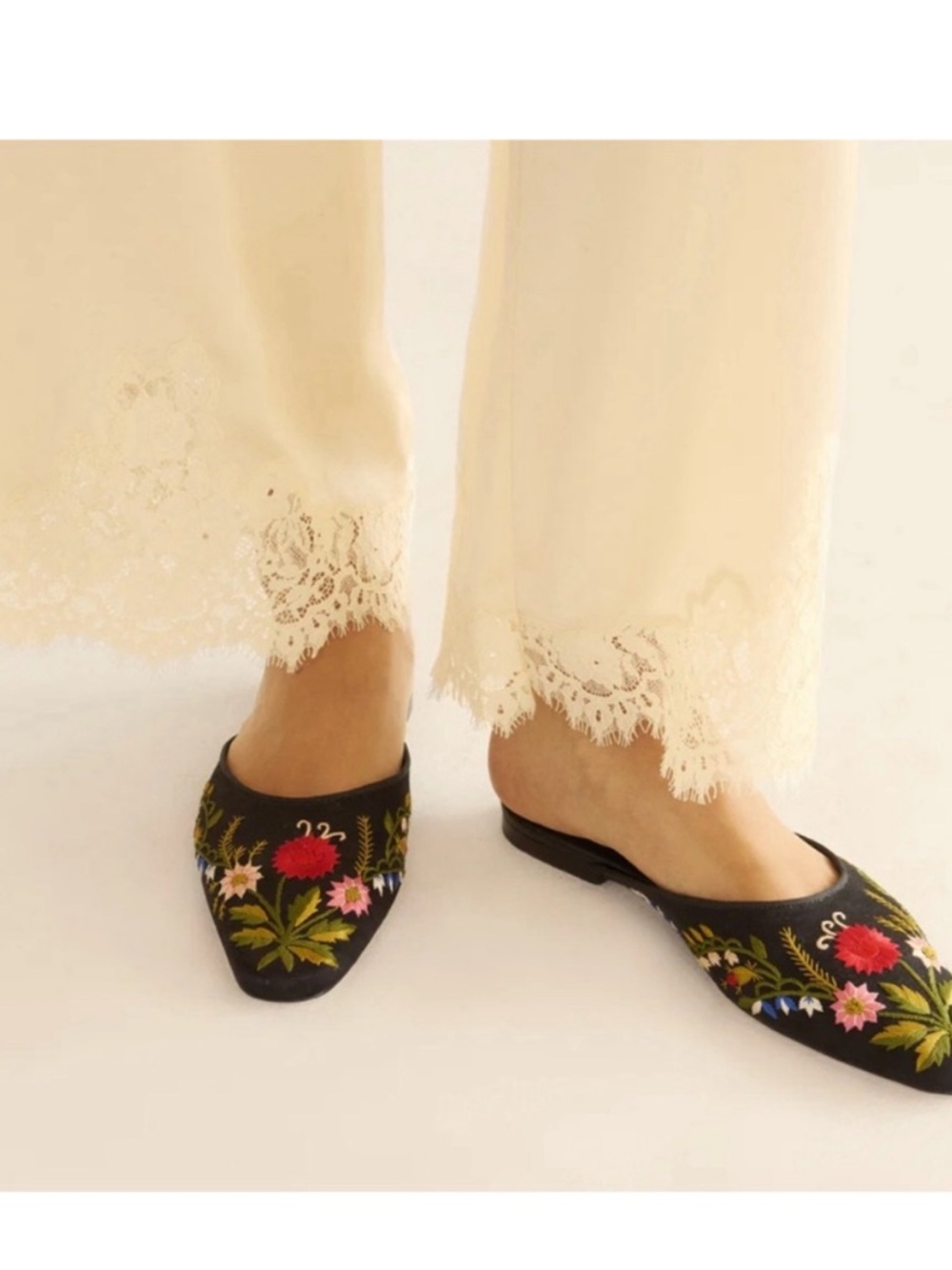 Doen Wren Mule in Embroidered Black Satin NEW